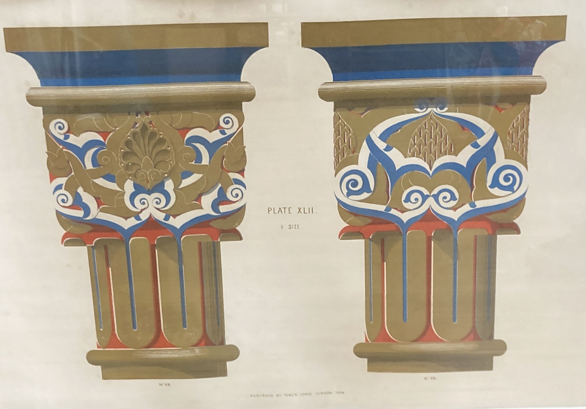 Owen Jones, three chromolithographs, column capital and other designs 1844, 38 x 54cm